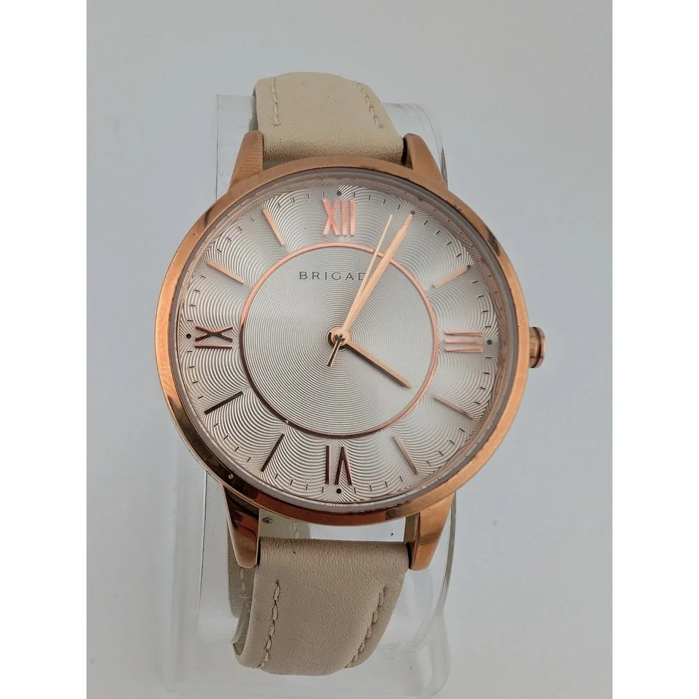 Brigada Watch Women‎ 34mm Rose Gold Case Beige Leather Band- New Battery